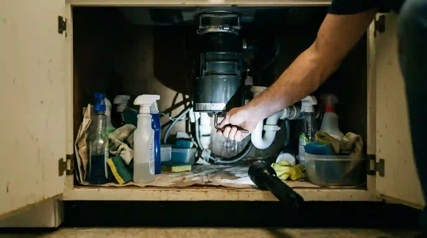 Clearing a jammed garbage disposal from under the sink