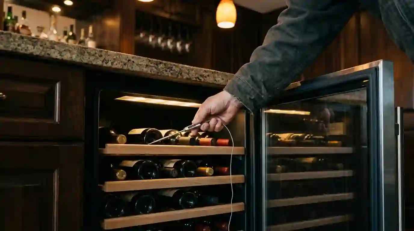 Technician checking wine cooler temperature with a probe thermometer