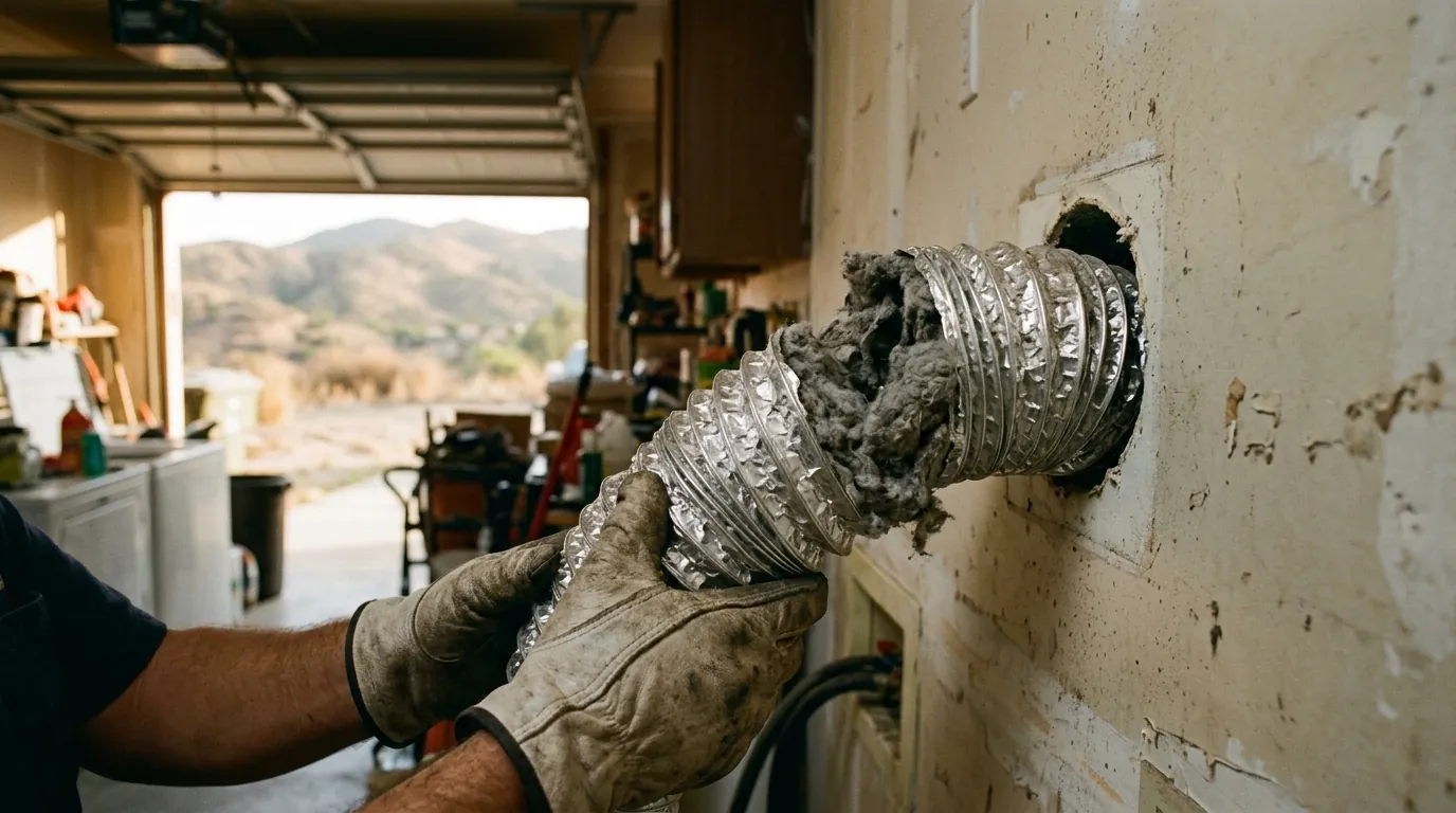 Lint-packed dryer vent cleaning in a Sylmar garage